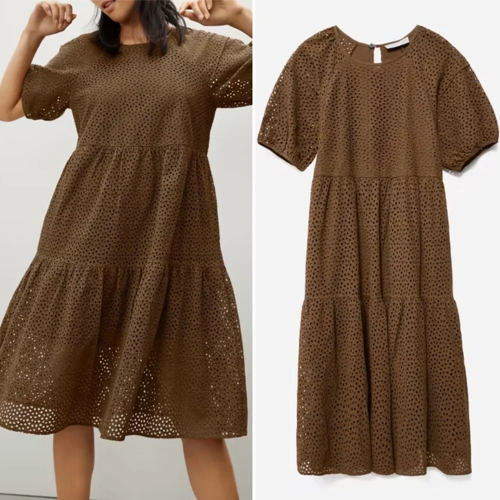 EVERLANE The Tiered Eyelet Dress in Brown Puff Sleeve Midi Sheer Size XS NEW